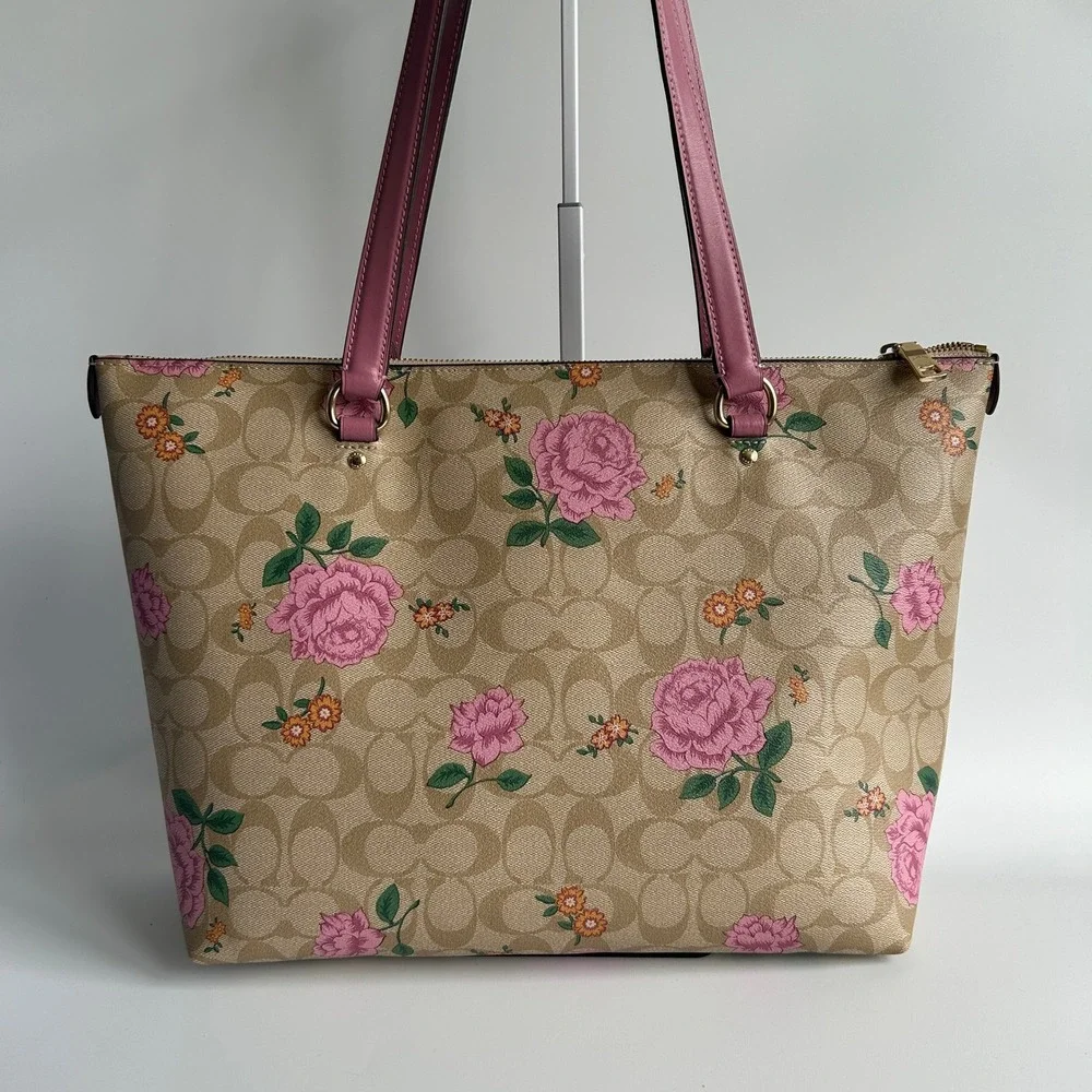 Coach Gallery Tote Signature Rose Print Khaki Pink Canvas Bag Excellent